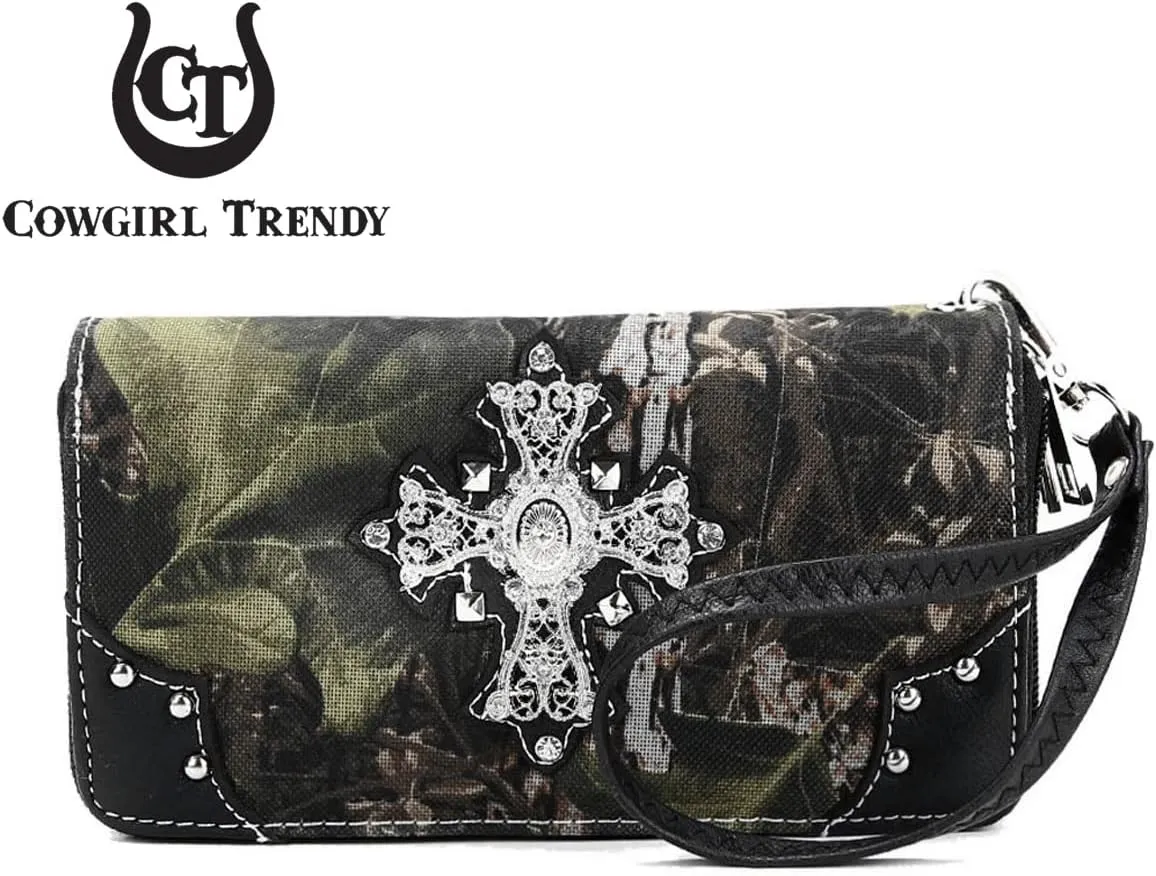 Camouflage Cross Wings Western Style Studded Handbag Tooled Leather Purse Country Women Shoulder Bag Pouch Wallet Set