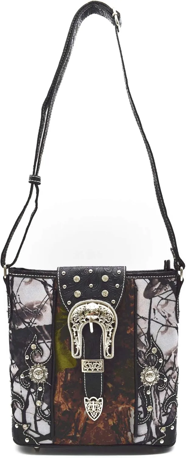 Camouflage Rhinestone Cross Pistol Buckle Western Crossbody Handbags Cowgirl Country Studded Purse Women Single Shoulder Bag