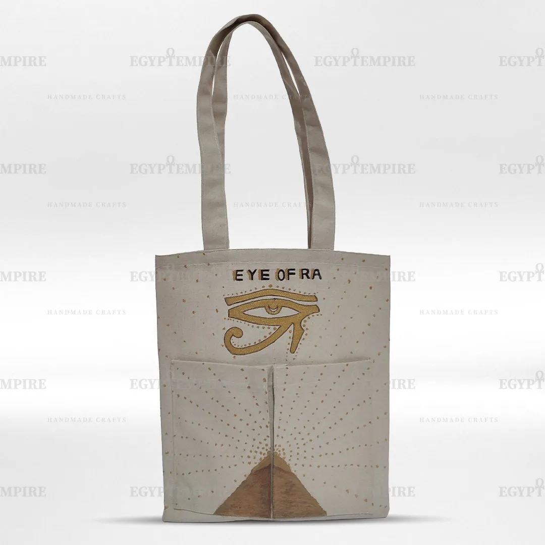 Canvas Tote Bag, 100% Egyptian cotton women Handbag ,2 outside-pockets, with hand painted Eye of  Raa .