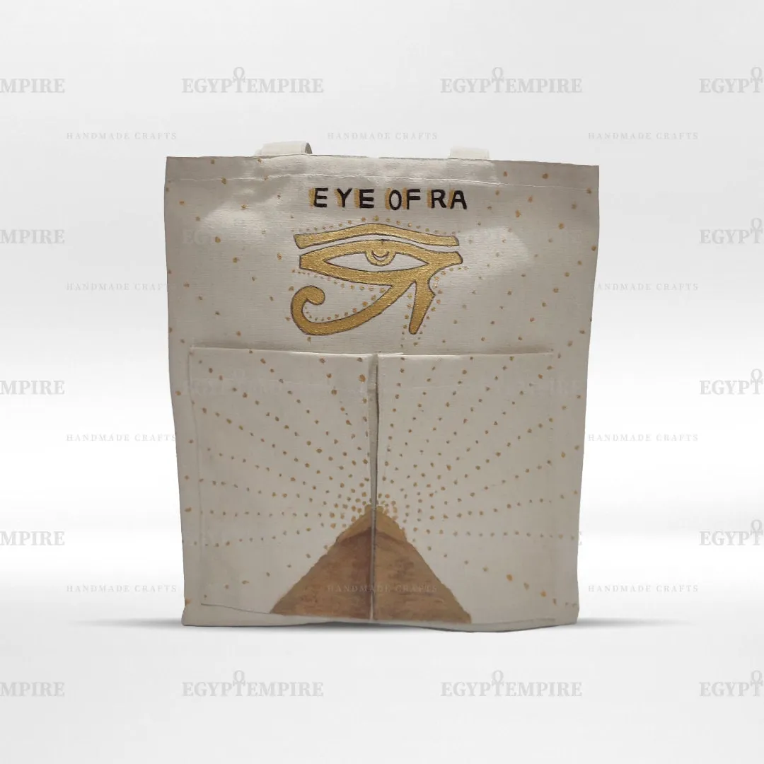 Canvas Tote Bag, 100% Egyptian cotton women Handbag ,2 outside-pockets, with hand painted Eye of  Raa .