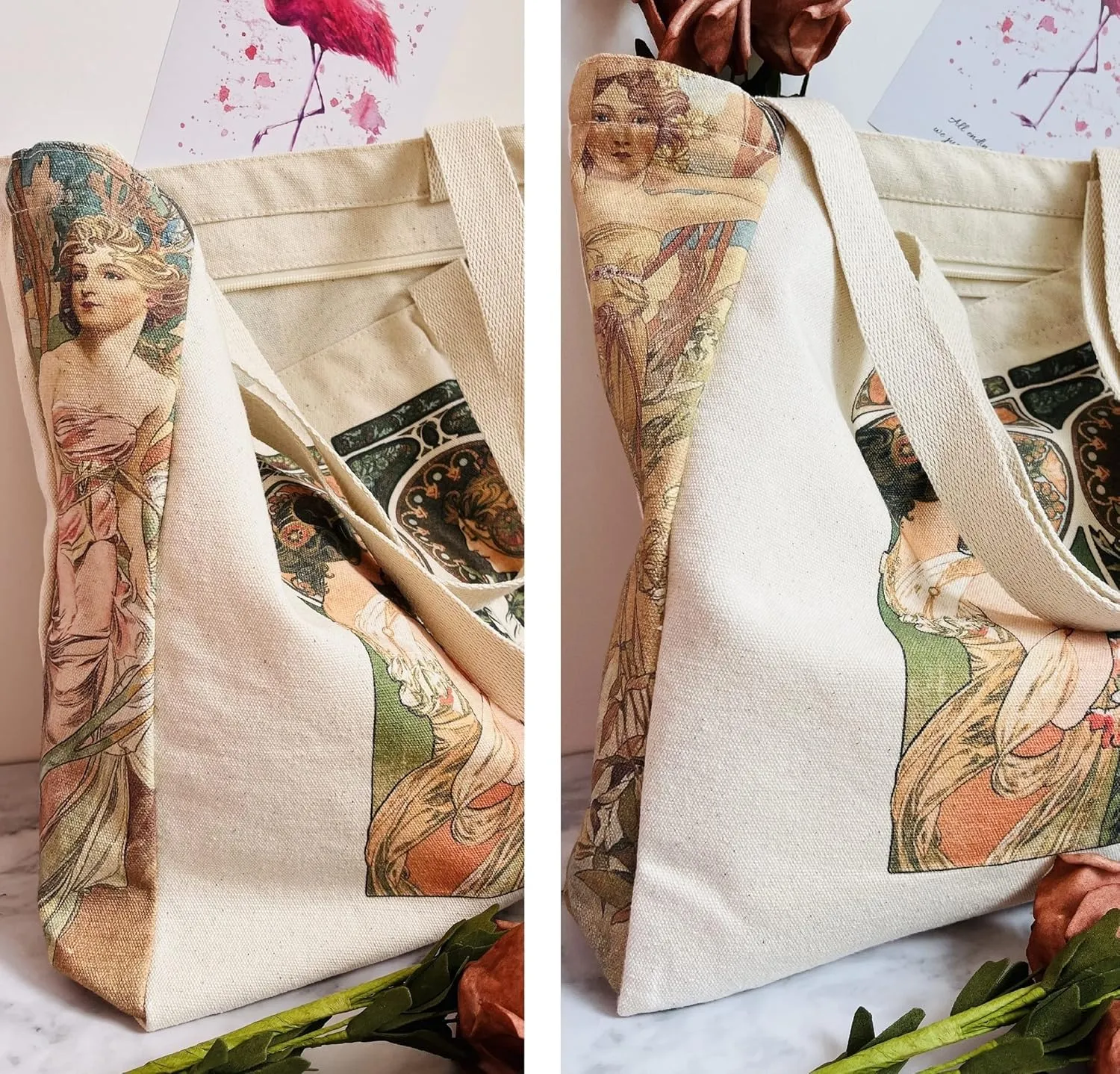 Canvas Tote Bag Aesthetic Vintage Cute Tote with Zipper Pockets Valentines Christmas Gifts for Women Girls