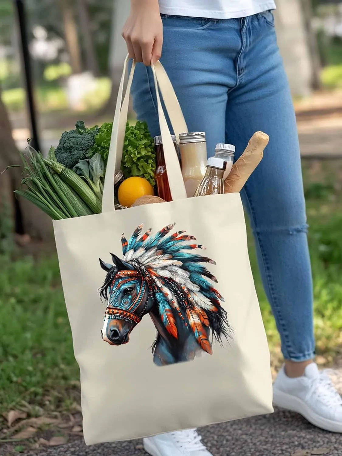 Canvas Tote Bag, Boho Horse Print patterned Canvas Tote Handbags for Women Shoulder Bag,