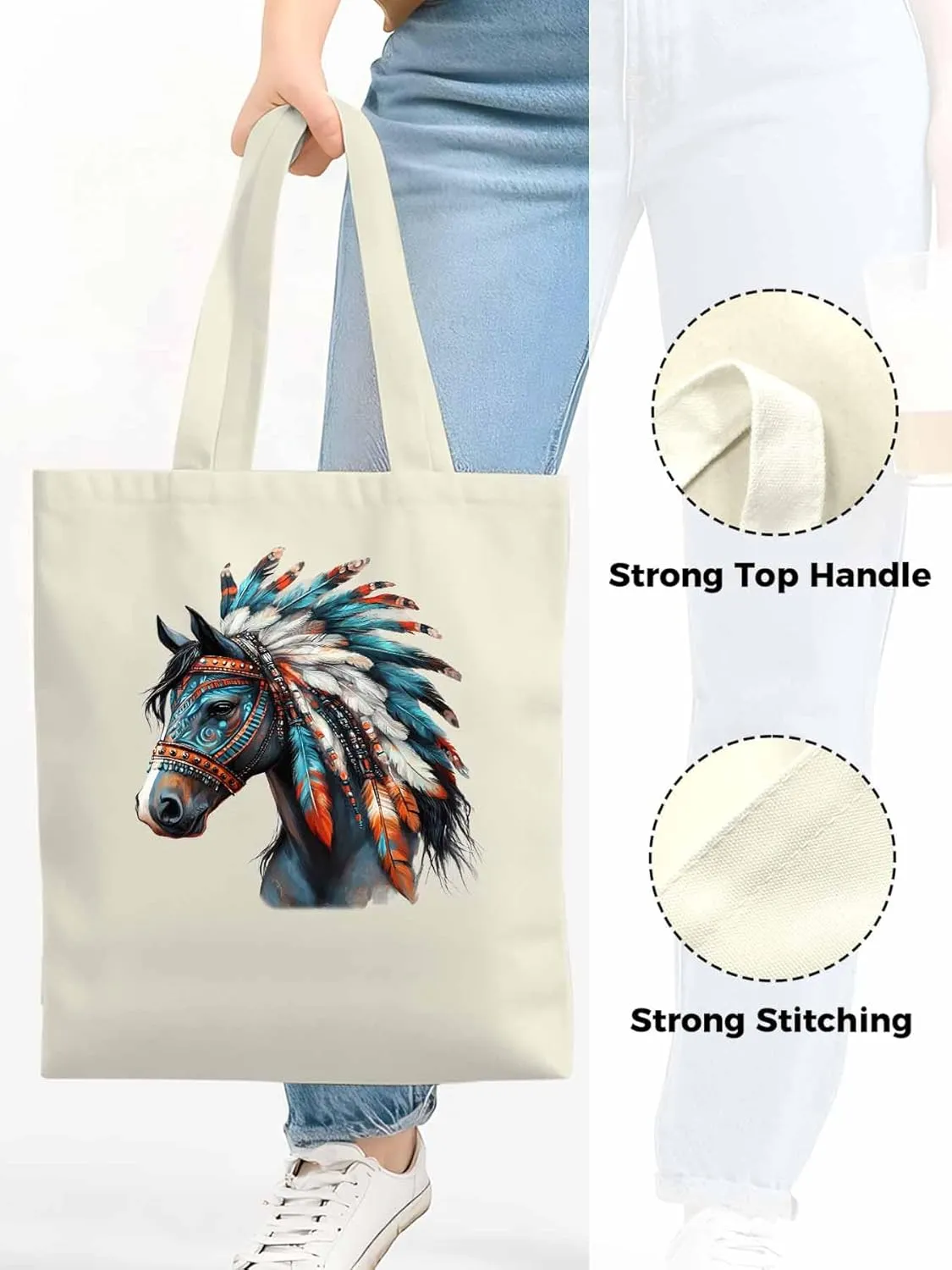 Canvas Tote Bag, Boho Horse Print patterned Canvas Tote Handbags for Women Shoulder Bag,