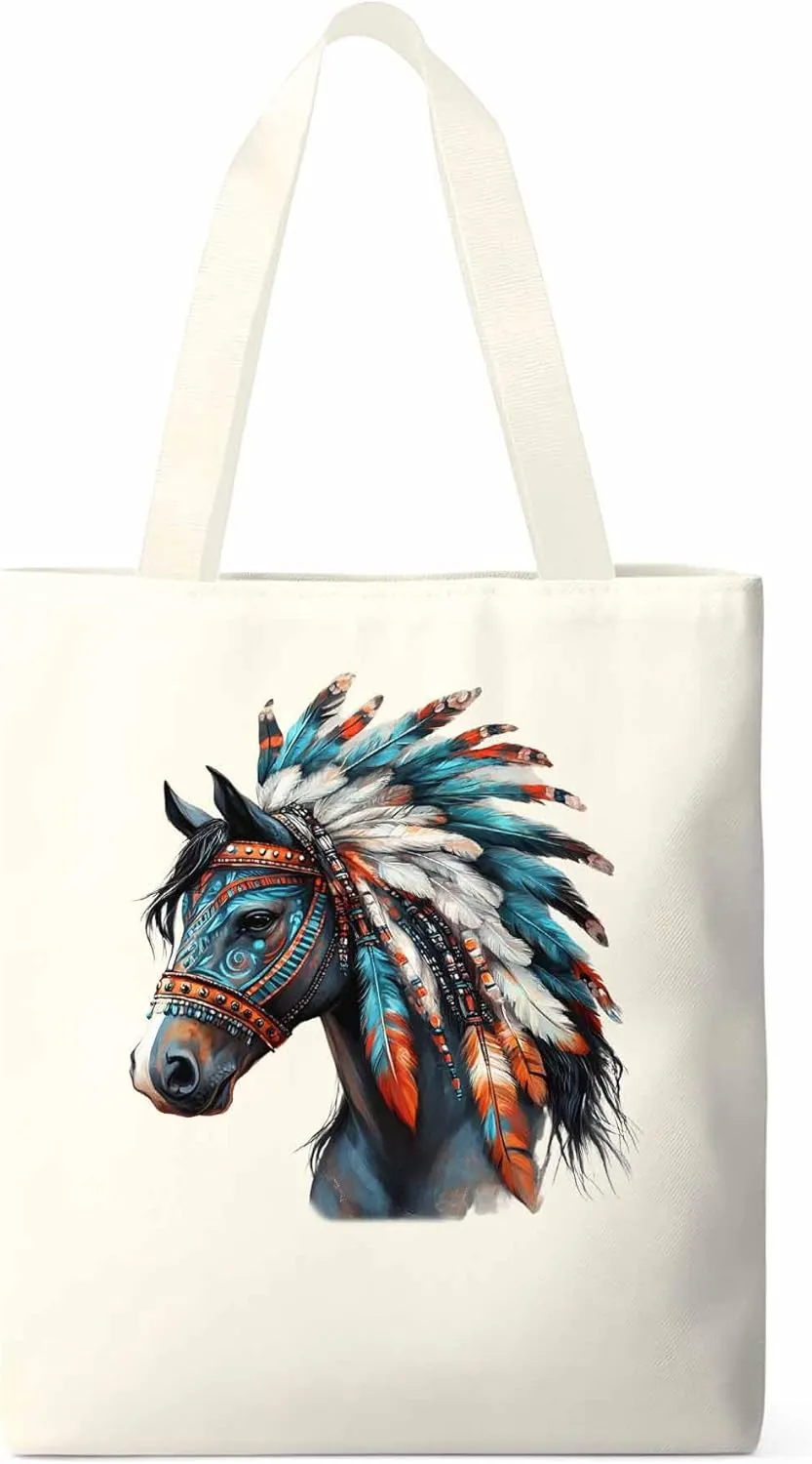 Canvas Tote Bag, Boho Horse Print patterned Canvas Tote Handbags for Women Shoulder Bag,