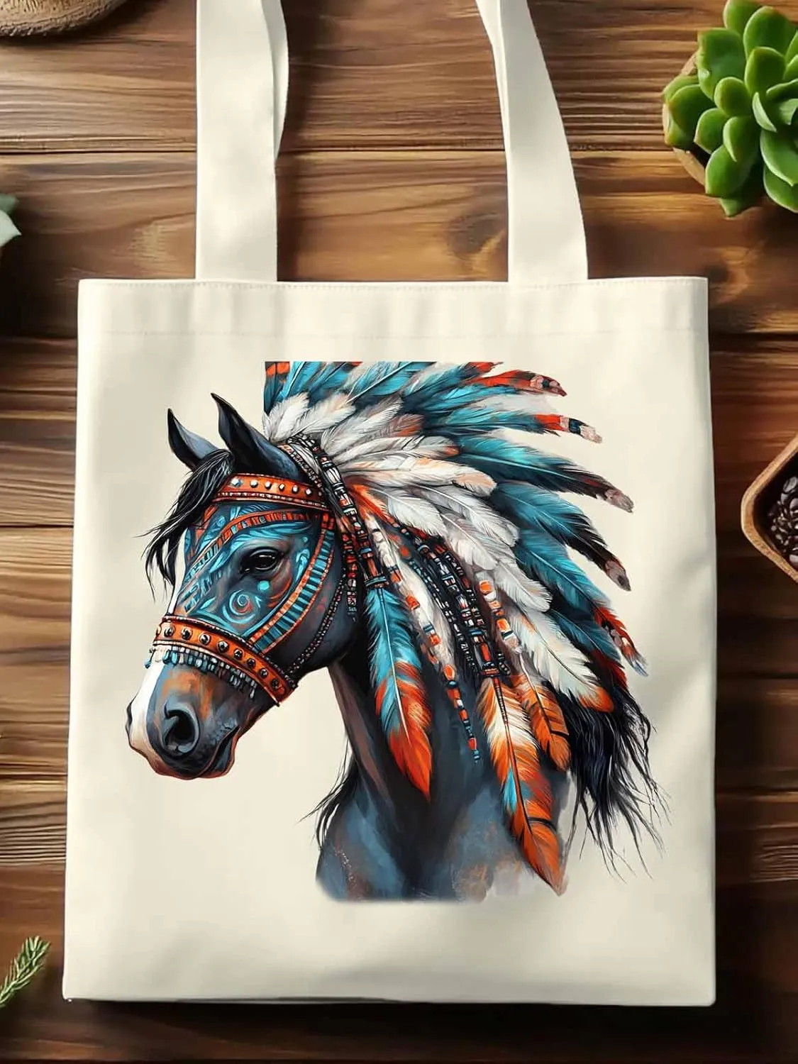 Canvas Tote Bag, Boho Horse Print patterned Canvas Tote Handbags for Women Shoulder Bag,