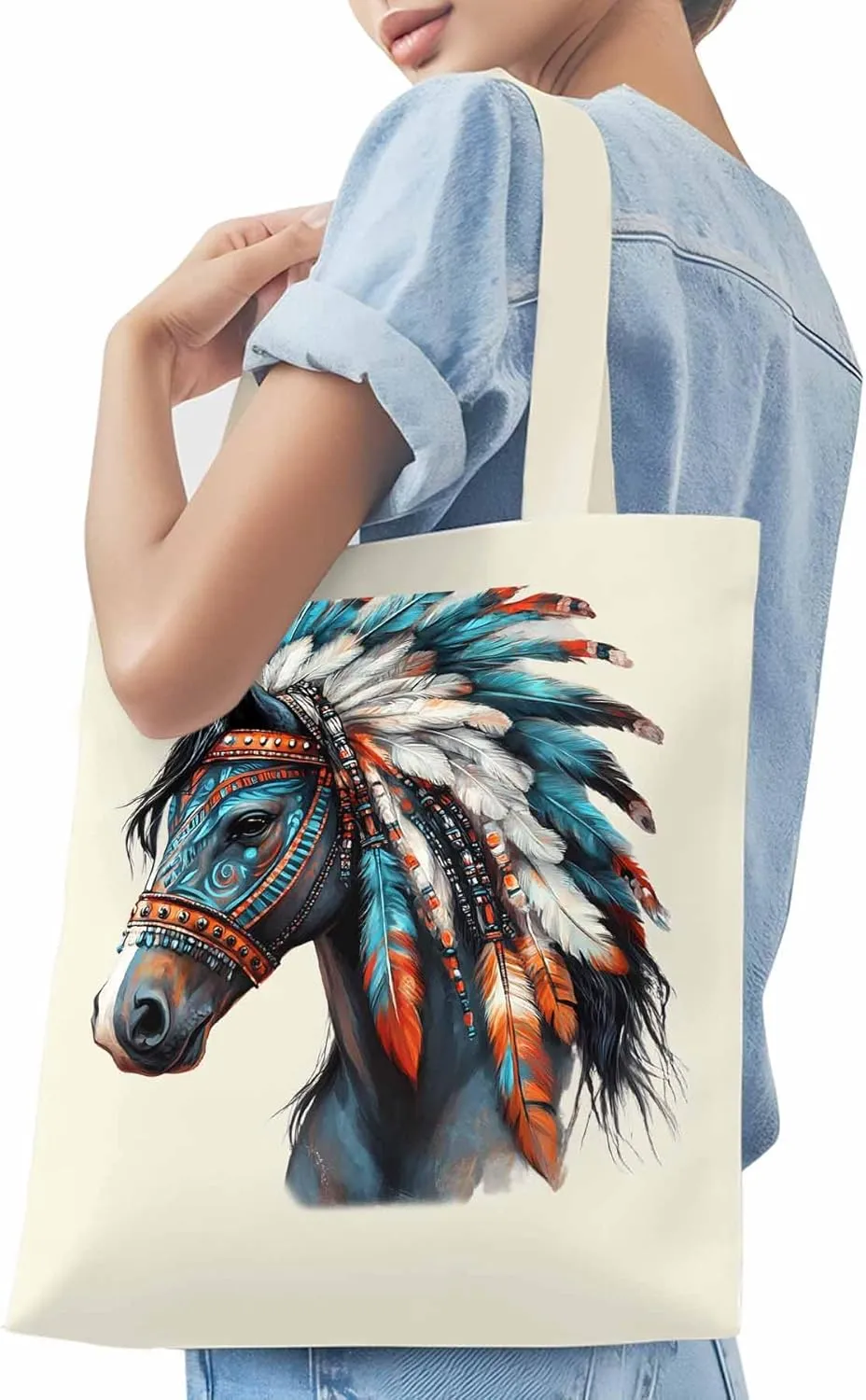 Canvas Tote Bag, Boho Horse Print patterned Canvas Tote Handbags for Women Shoulder Bag,