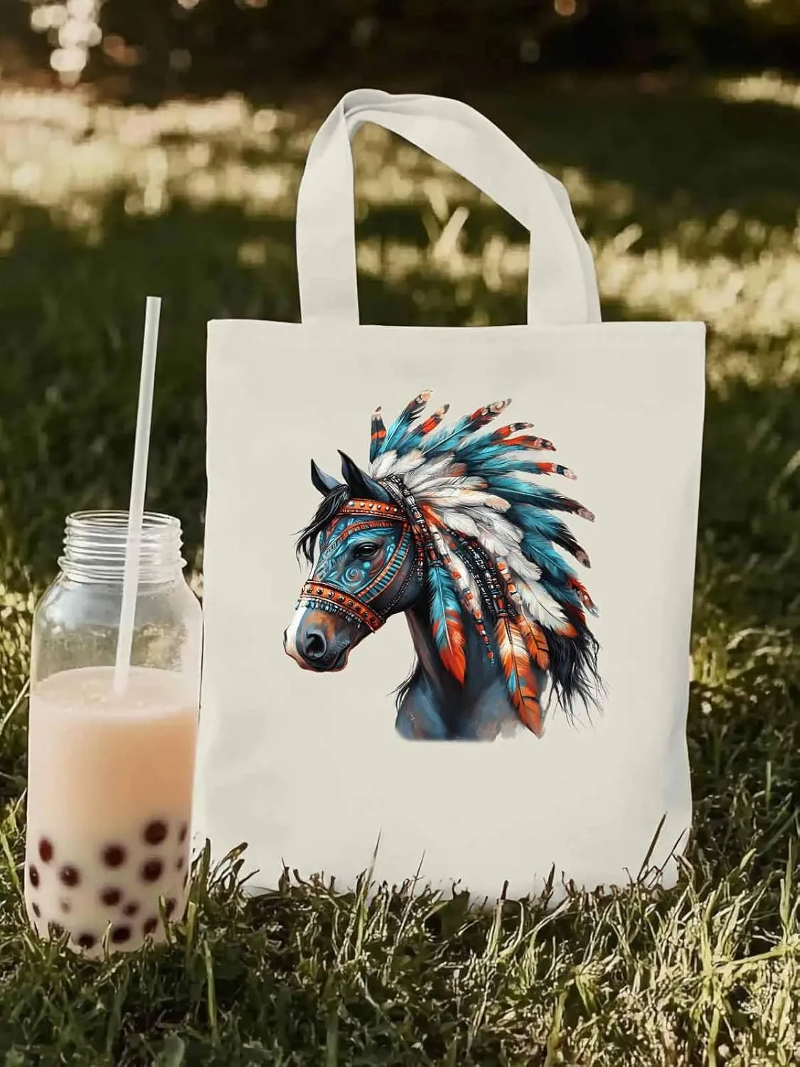 Canvas Tote Bag, Boho Horse Print patterned Canvas Tote Handbags for Women Shoulder Bag,