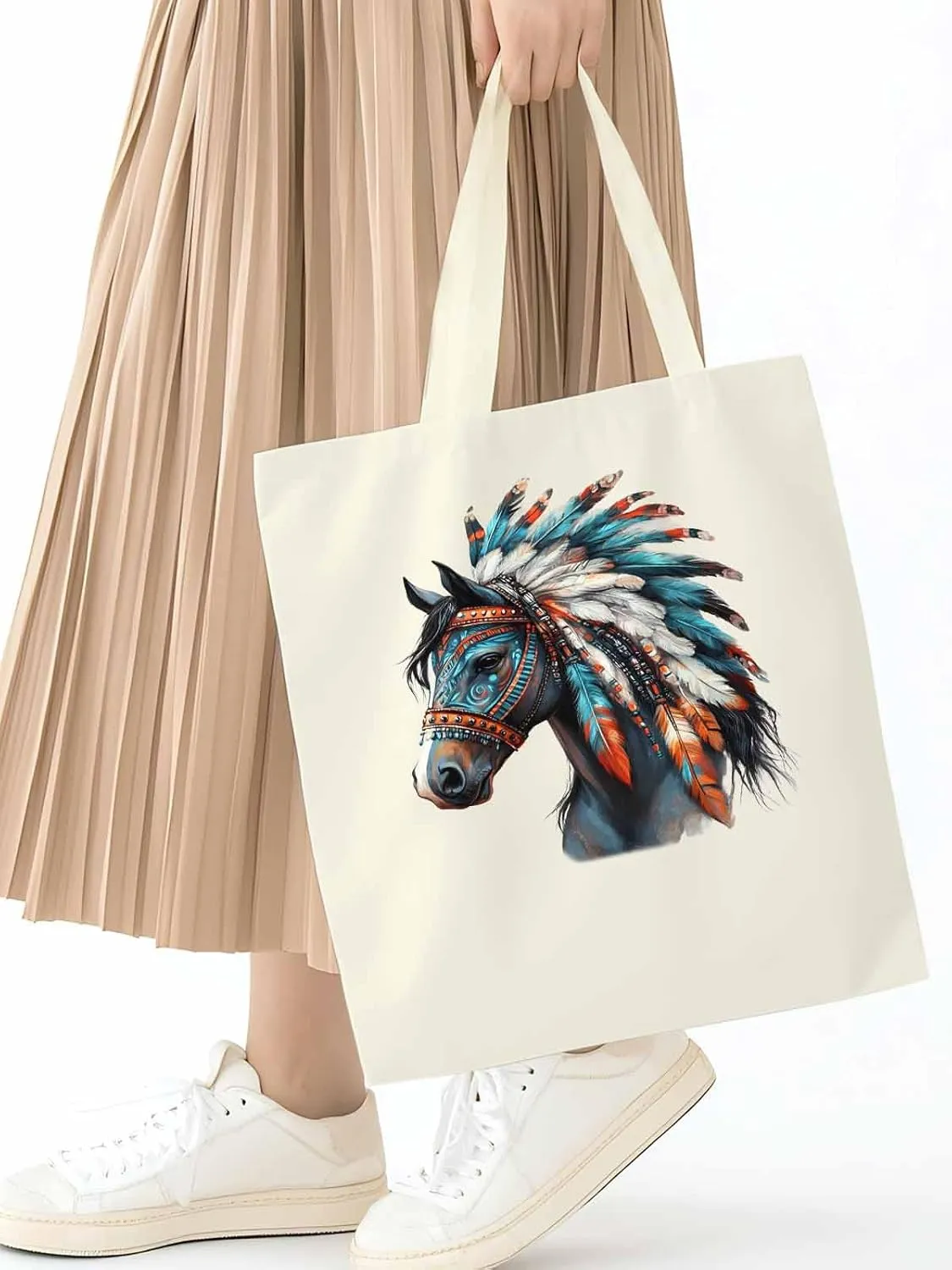 Canvas Tote Bag, Boho Horse Print patterned Canvas Tote Handbags for Women Shoulder Bag,