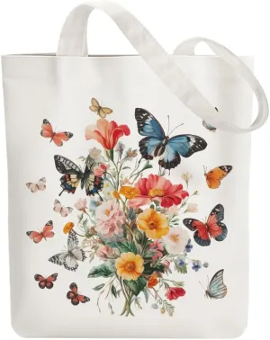 Canvas Tote Bag Butterfly Bouquet Reusable Cotton Bag for Women, Durable Cloth Shoulder Bags with Zipper Pockets for Shopping, Vacation, Work, Gym