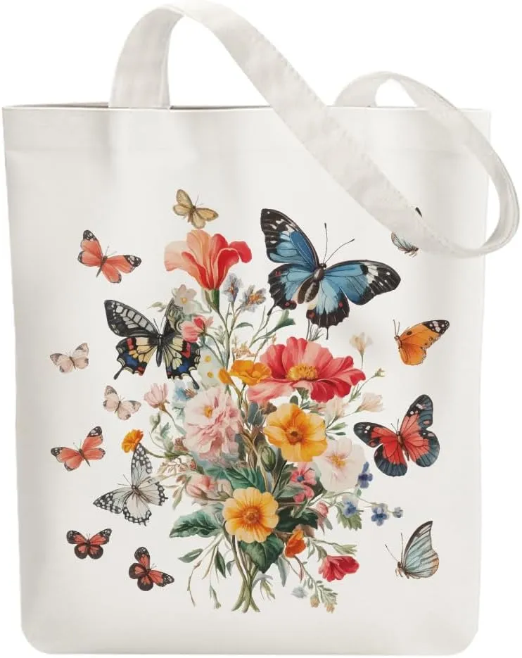 Canvas Tote Bag Butterfly Bouquet Reusable Cotton Bag for Women, Durable Cloth Shoulder Bags with Zipper Pockets for Shopping, Vacation, Work, Gym