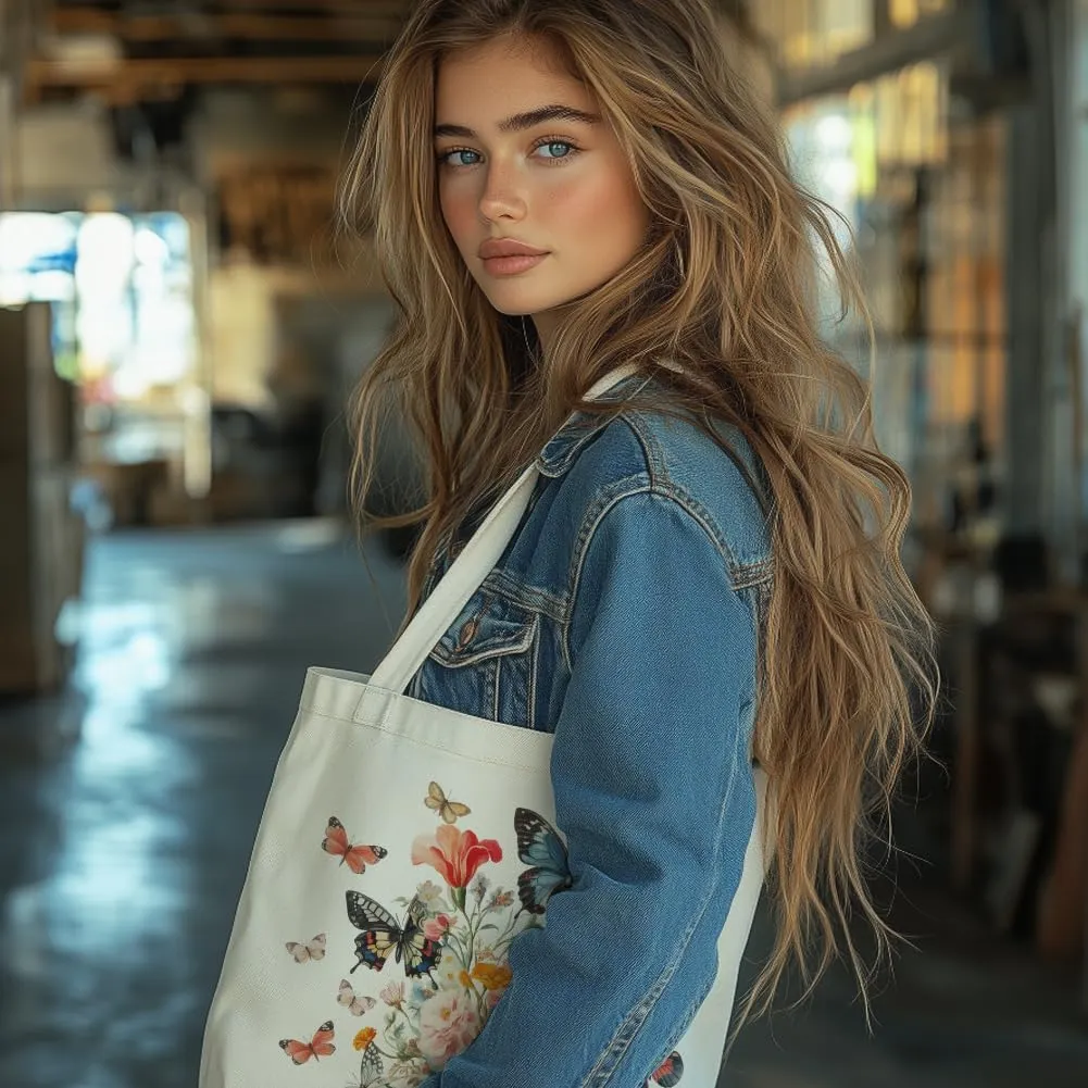 Canvas Tote Bag Butterfly Bouquet Reusable Cotton Bag for Women, Durable Cloth Shoulder Bags with Zipper Pockets for Shopping, Vacation, Work, Gym