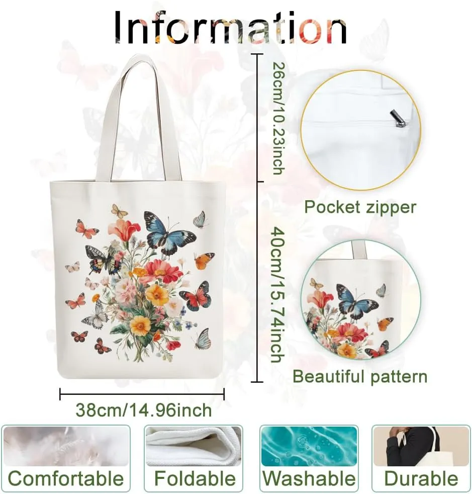 Canvas Tote Bag Butterfly Bouquet Reusable Cotton Bag for Women, Durable Cloth Shoulder Bags with Zipper Pockets for Shopping, Vacation, Work, Gym