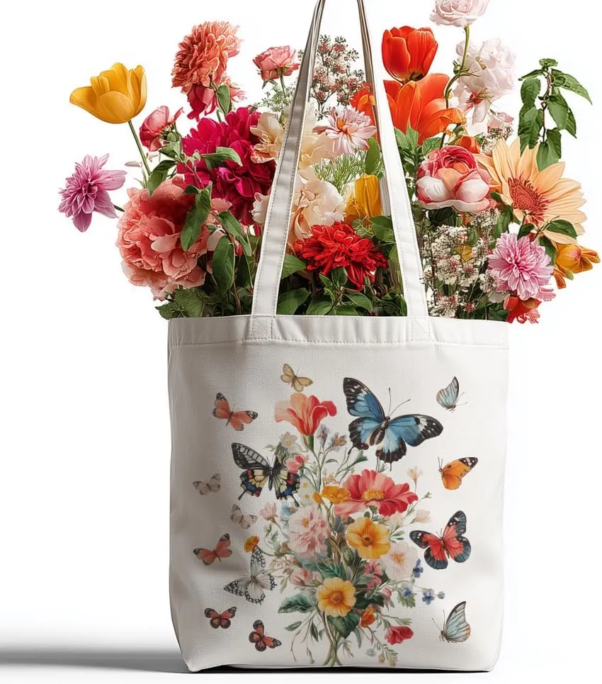 Canvas Tote Bag Butterfly Bouquet Reusable Cotton Bag for Women, Durable Cloth Shoulder Bags with Zipper Pockets for Shopping, Vacation, Work, Gym