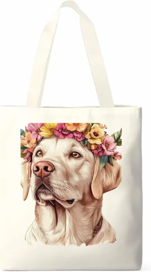 Canvas Tote Bag, Cute Dog Wearing Flower Garlands patterned Canvas Tote Handbags for Women Shoulder Bag,