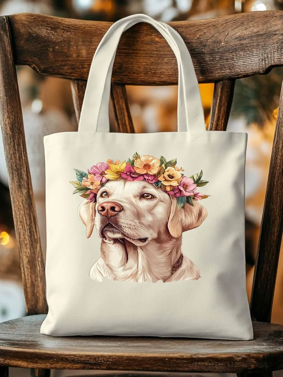 Canvas Tote Bag, Cute Dog Wearing Flower Garlands patterned Canvas Tote Handbags for Women Shoulder Bag,