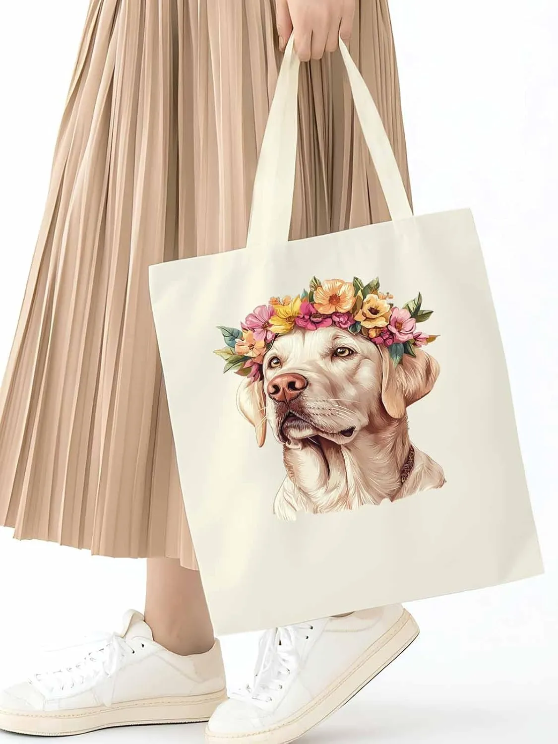 Canvas Tote Bag, Cute Dog Wearing Flower Garlands patterned Canvas Tote Handbags for Women Shoulder Bag,