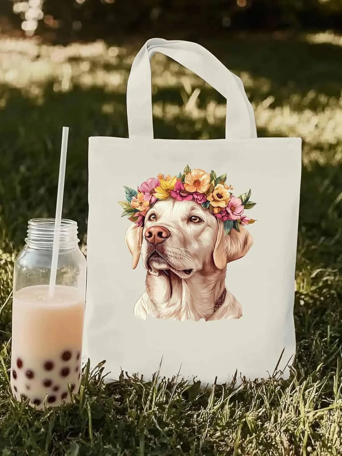 Canvas Tote Bag, Cute Dog Wearing Flower Garlands patterned Canvas Tote Handbags for Women Shoulder Bag,