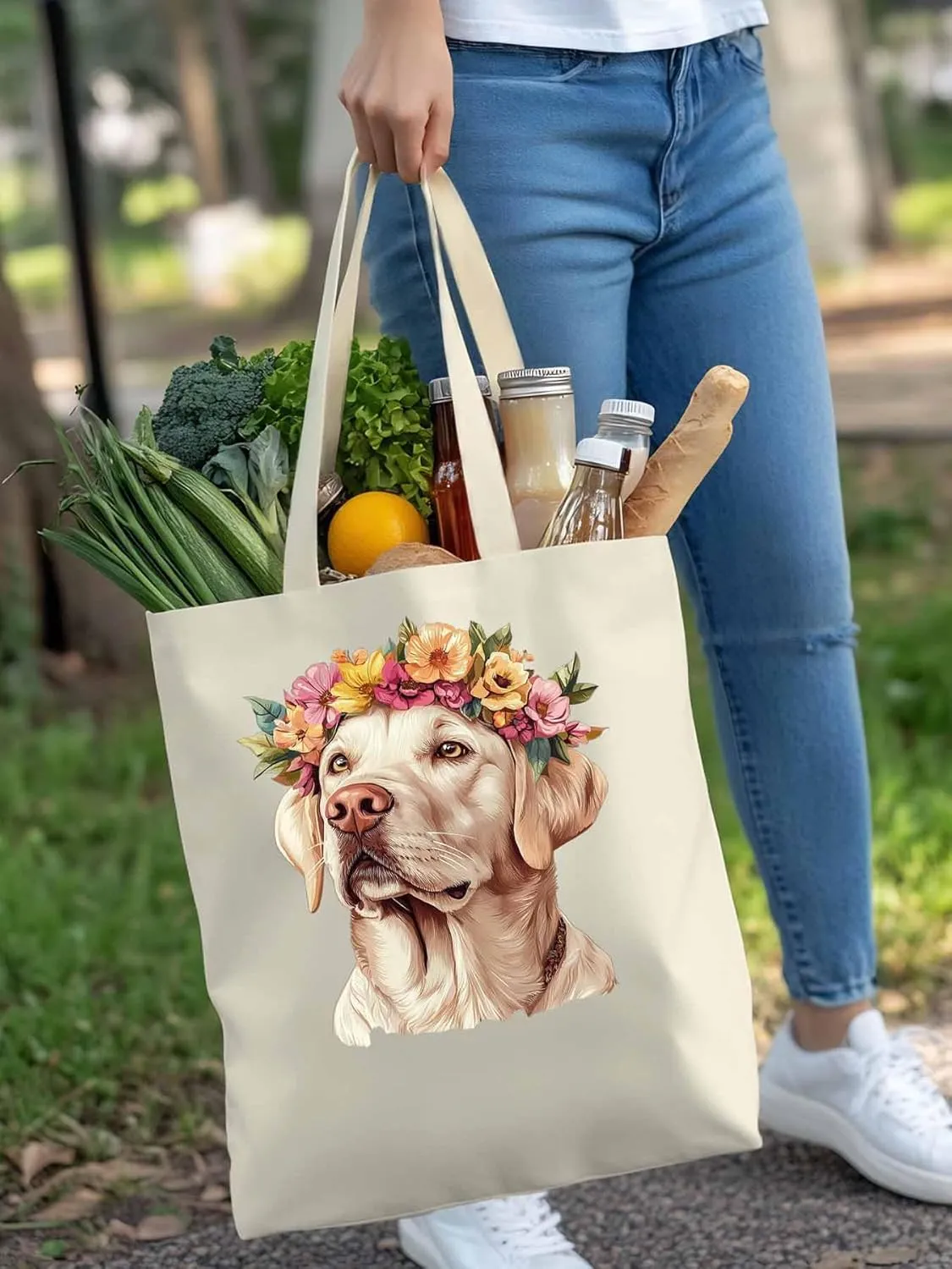 Canvas Tote Bag, Cute Dog Wearing Flower Garlands patterned Canvas Tote Handbags for Women Shoulder Bag,