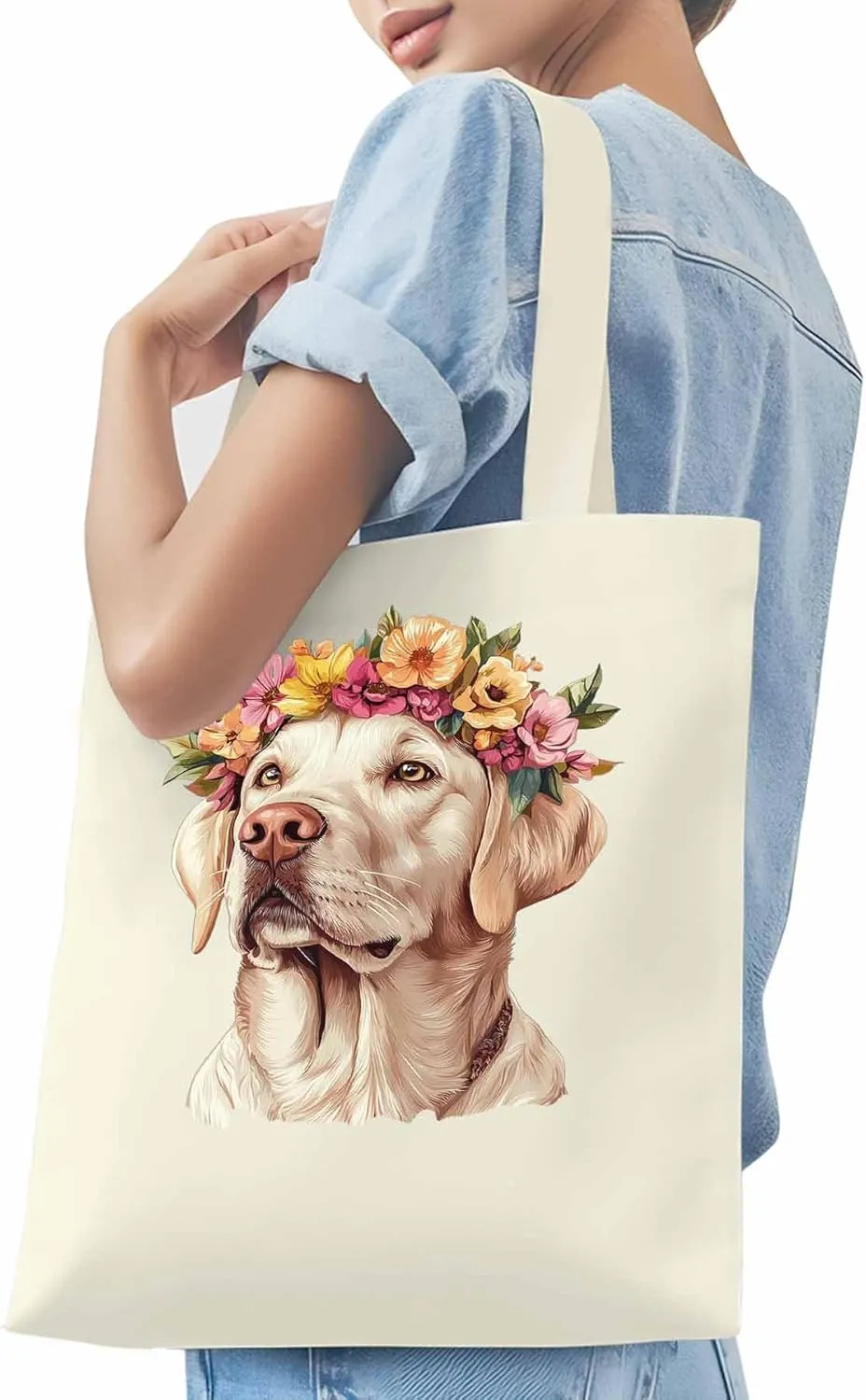 Canvas Tote Bag, Cute Dog Wearing Flower Garlands patterned Canvas Tote Handbags for Women Shoulder Bag,
