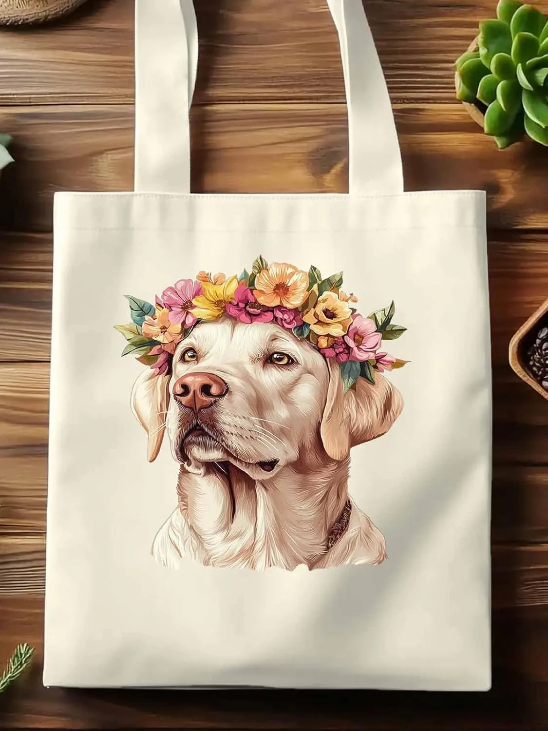 Canvas Tote Bag, Cute Dog Wearing Flower Garlands patterned Canvas Tote Handbags for Women Shoulder Bag,