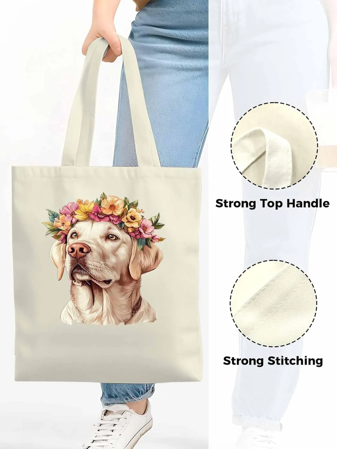 Canvas Tote Bag, Cute Dog Wearing Flower Garlands patterned Canvas Tote Handbags for Women Shoulder Bag,