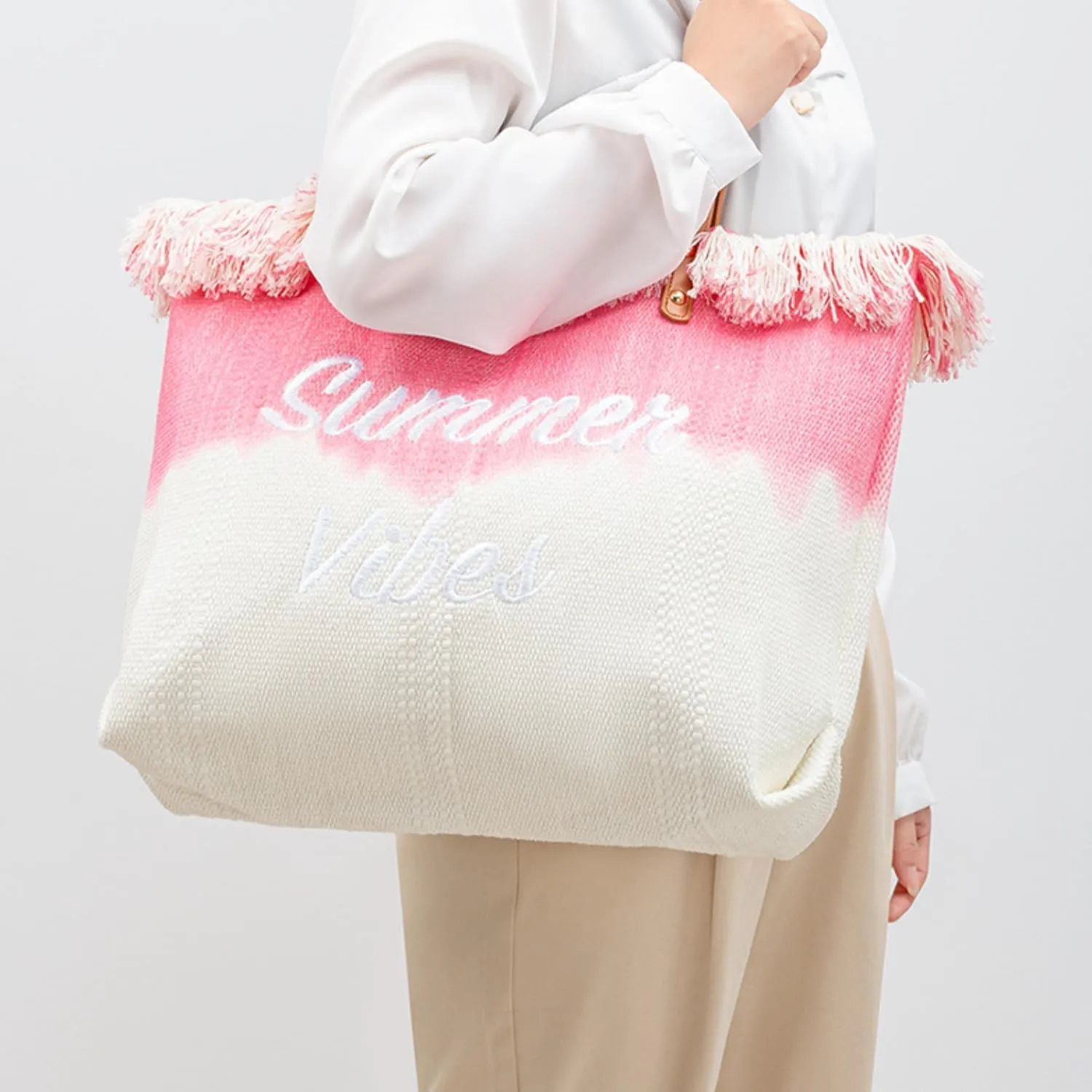 Canvas Tote Bag Embroidered Fringe Large Recycled Gradient Casual Shoulder Summer Beach Bag for Daily Use Travel Gym