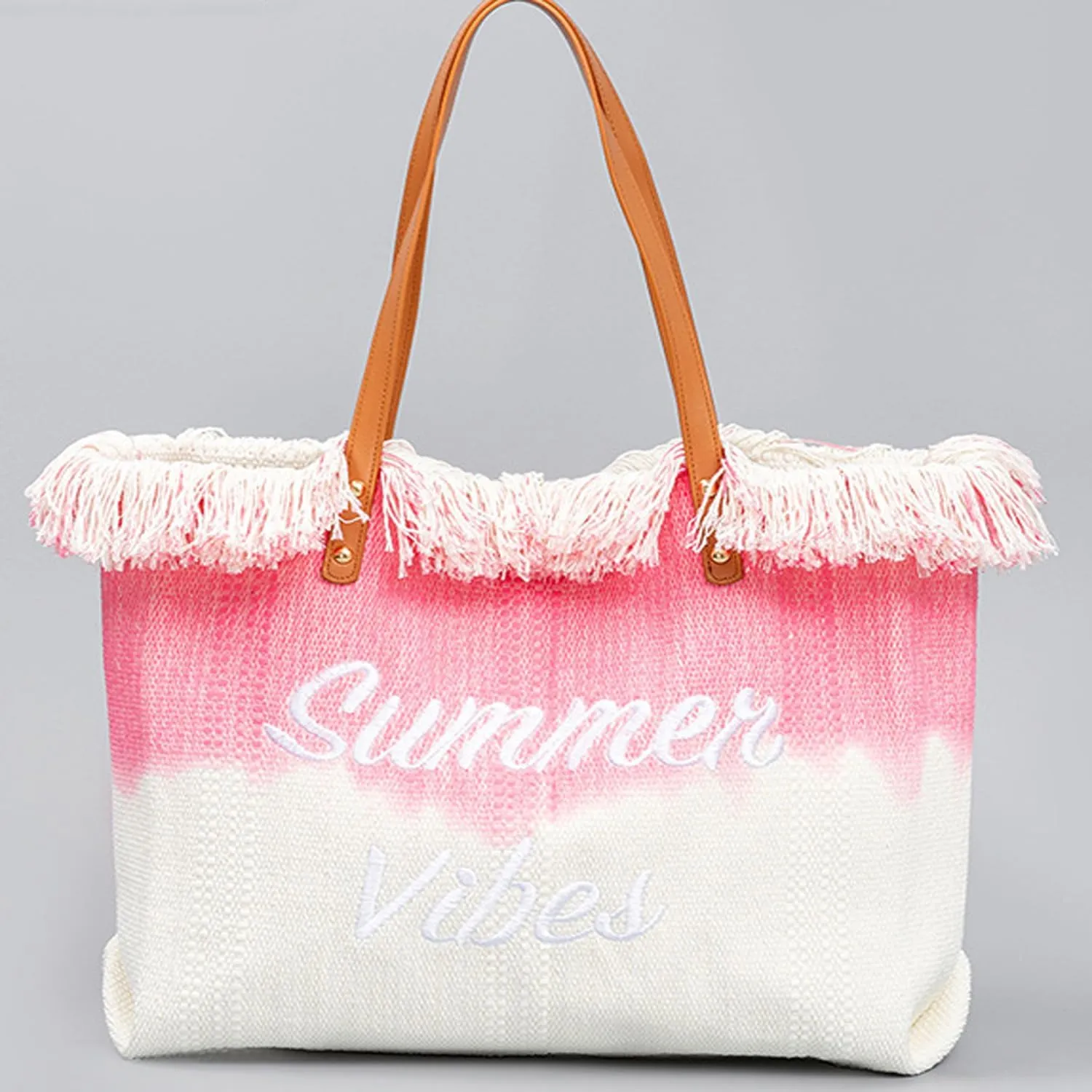 Canvas Tote Bag Embroidered Fringe Large Recycled Gradient Casual Shoulder Summer Beach Bag for Daily Use Travel Gym