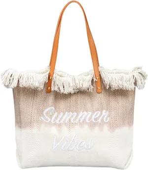 Canvas Tote Bag Embroidered Fringe Large Recycled Gradient Casual Shoulder Summer Beach Bag for Daily Use Travel Gym