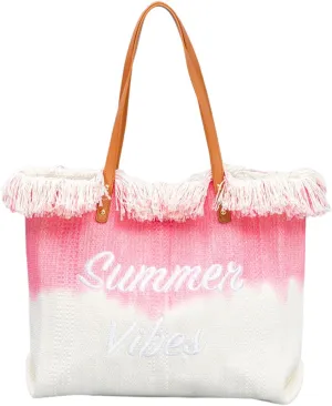 Canvas Tote Bag Embroidered Fringe Large Recycled Gradient Casual Shoulder Summer Beach Bag for Daily Use Travel Gym