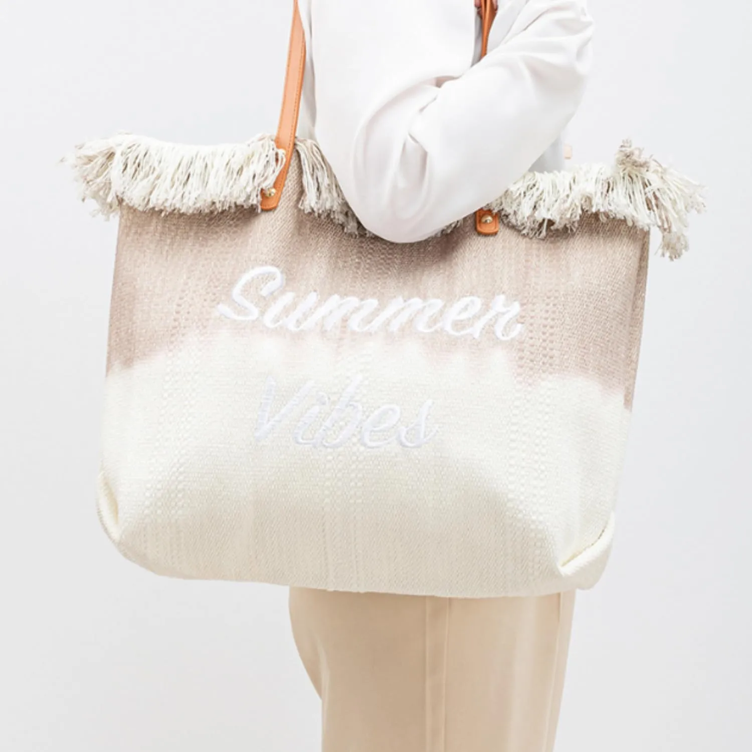 Canvas Tote Bag Embroidered Fringe Large Recycled Gradient Casual Shoulder Summer Beach Bag for Daily Use Travel Gym