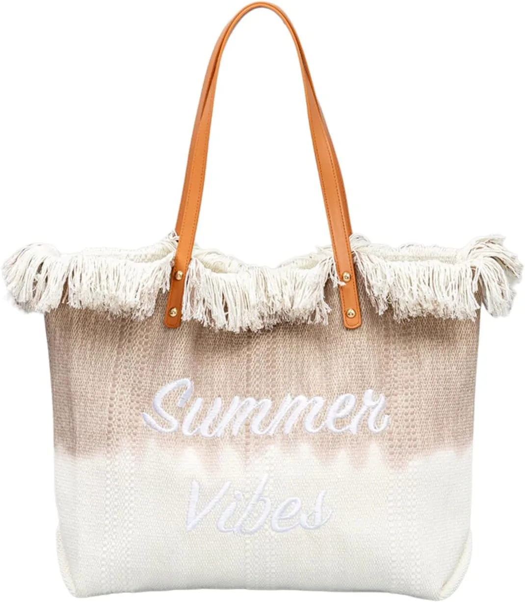 Canvas Tote Bag Embroidered Fringe Large Recycled Gradient Casual Shoulder Summer Beach Bag for Daily Use Travel Gym