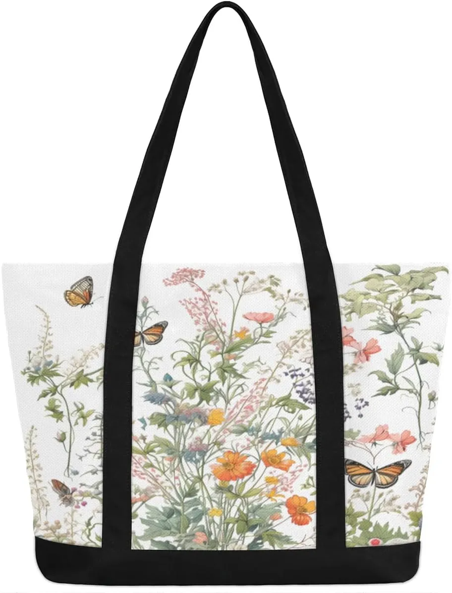 Canvas Tote Bag for Women Flower Reusable Grocery Shopping Bag with Zipper Women Gift