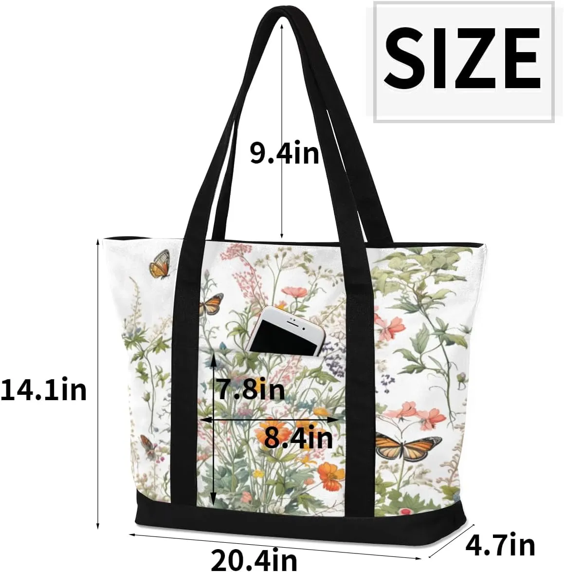 Canvas Tote Bag for Women Flower Reusable Grocery Shopping Bag with Zipper Women Gift