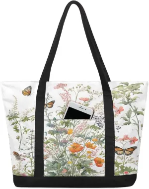 Canvas Tote Bag for Women Flower Reusable Grocery Shopping Bag with Zipper Women Gift