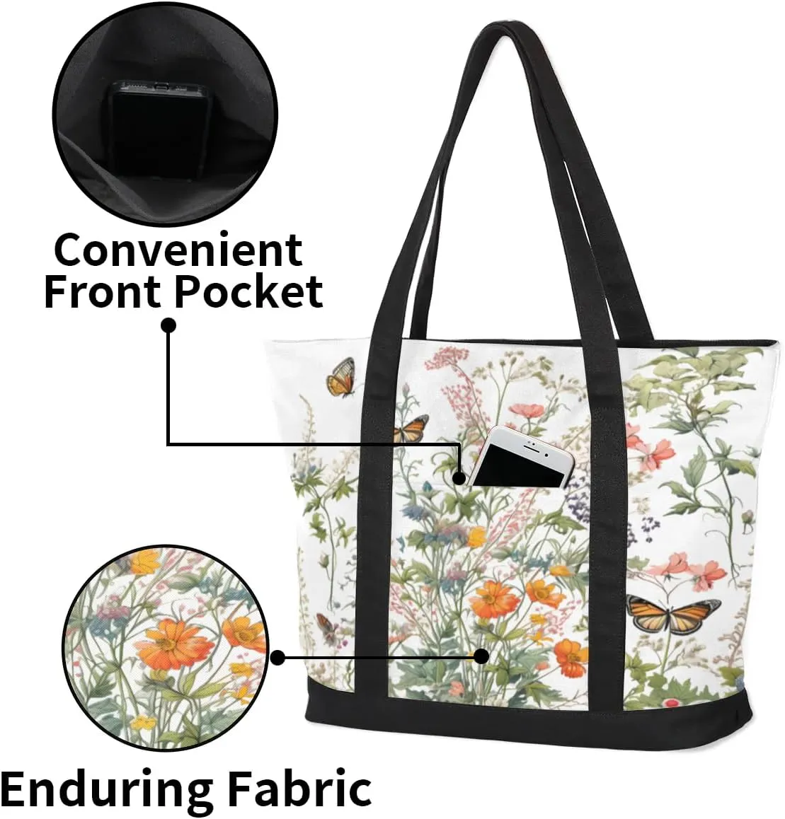 Canvas Tote Bag for Women Flower Reusable Grocery Shopping Bag with Zipper Women Gift