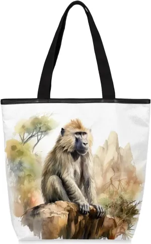 Canvas Tote Bag for Women Men Baboon Primate Monkey Canvas Handbag Shoulder Tote Bag with Zipper Closure Reusable Grocery Bag Shopping Cloth Bag with Handles for Beach Gym Picnic Work