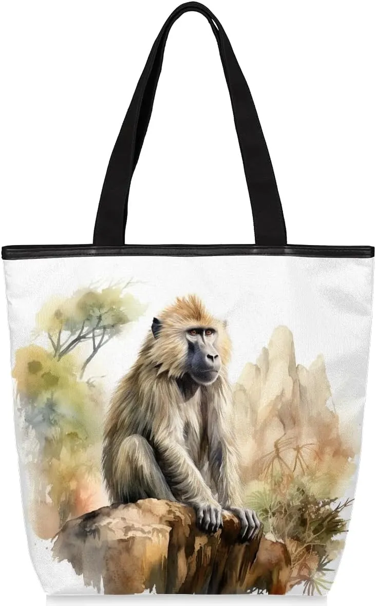 Canvas Tote Bag for Women Men Baboon Primate Monkey Canvas Handbag Shoulder Tote Bag with Zipper Closure Reusable Grocery Bag Shopping Cloth Bag with Handles for Beach Gym Picnic Work