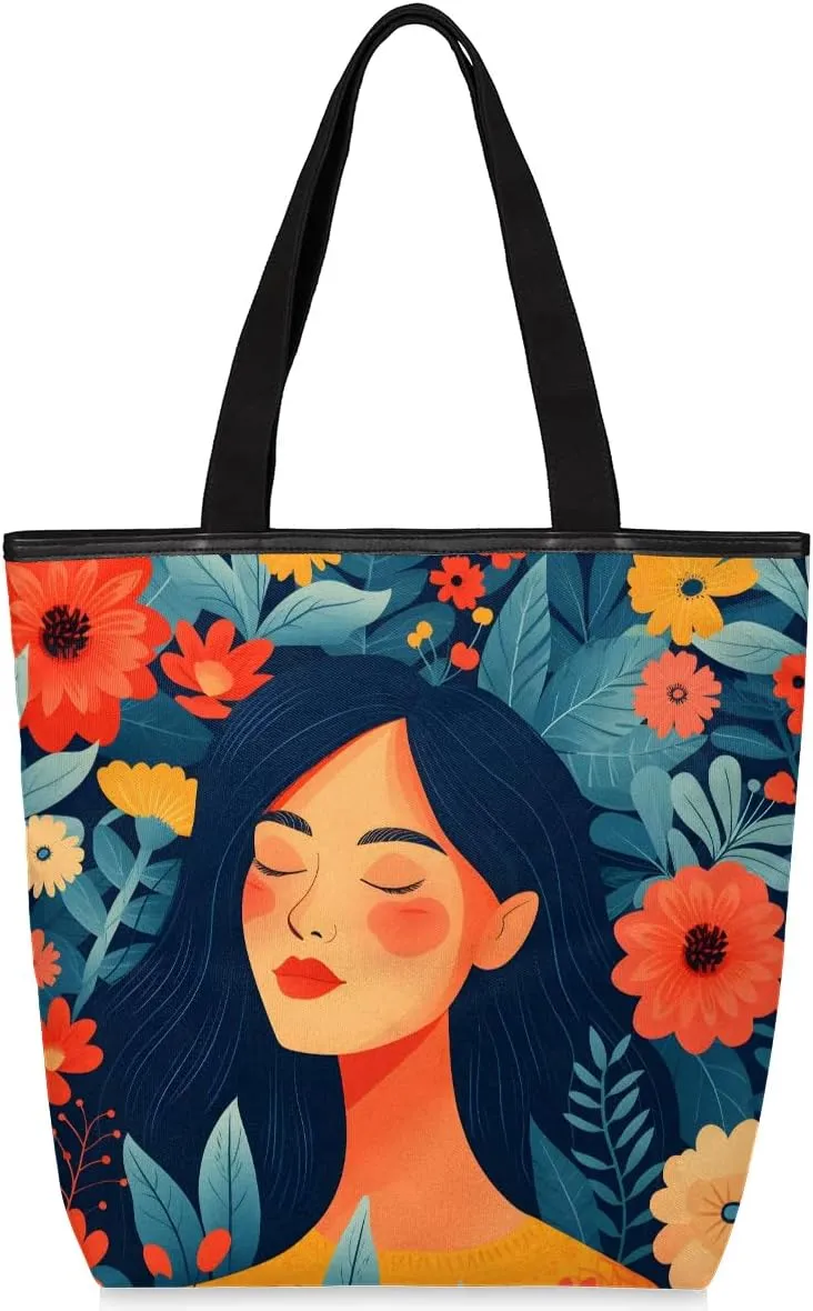 Canvas Tote Bag for Women Men Women Who Enjoy Nature Canvas Handbag Shoulder Tote Bag with Zipper Closure Reusable Grocery Bag Shopping Cloth Bag with Handles for Beach Gym Picnic Work