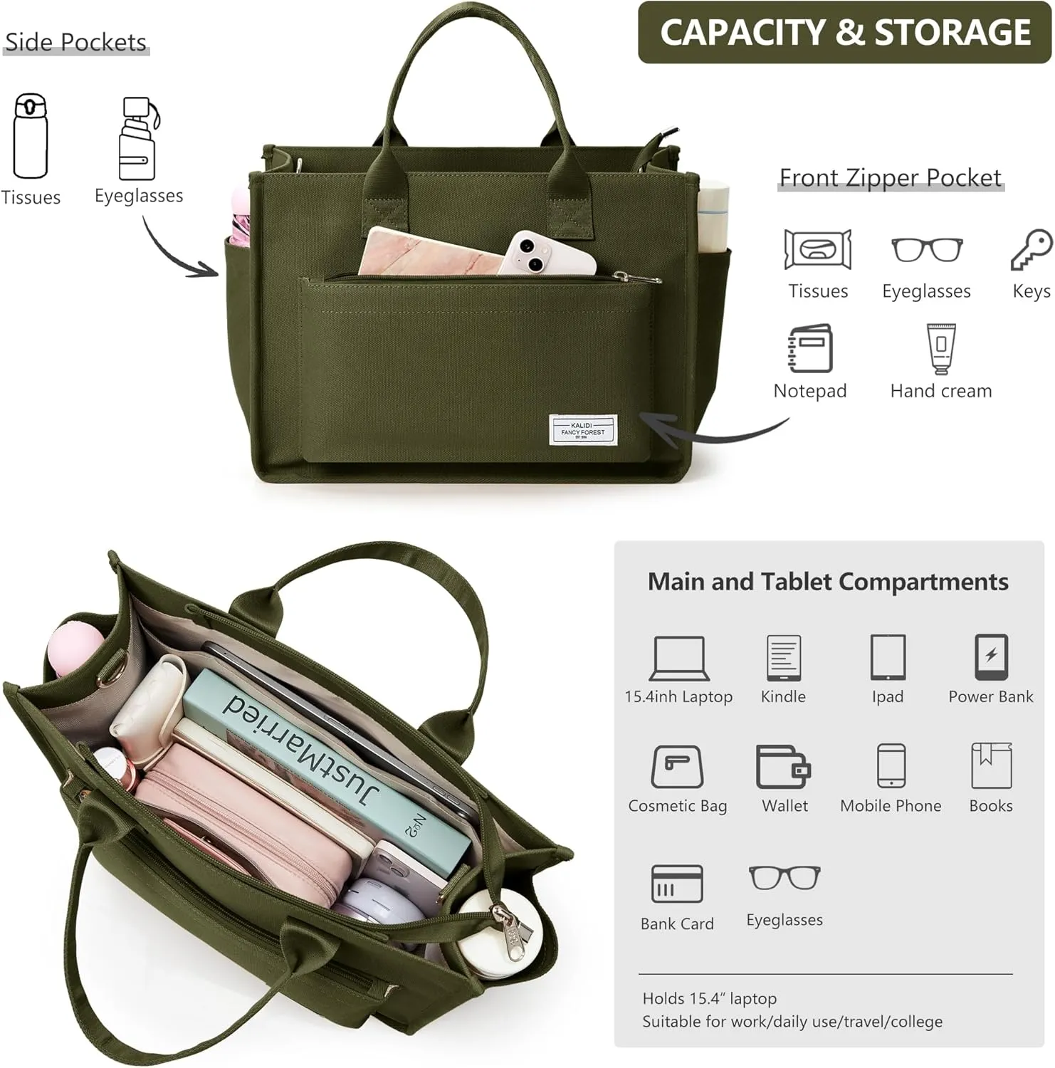 Canvas Tote Bag for Women Shoulder & Crossbody Handbag with Multi Pockets Zipper Ideal for Work Office Travel & Daily Use
