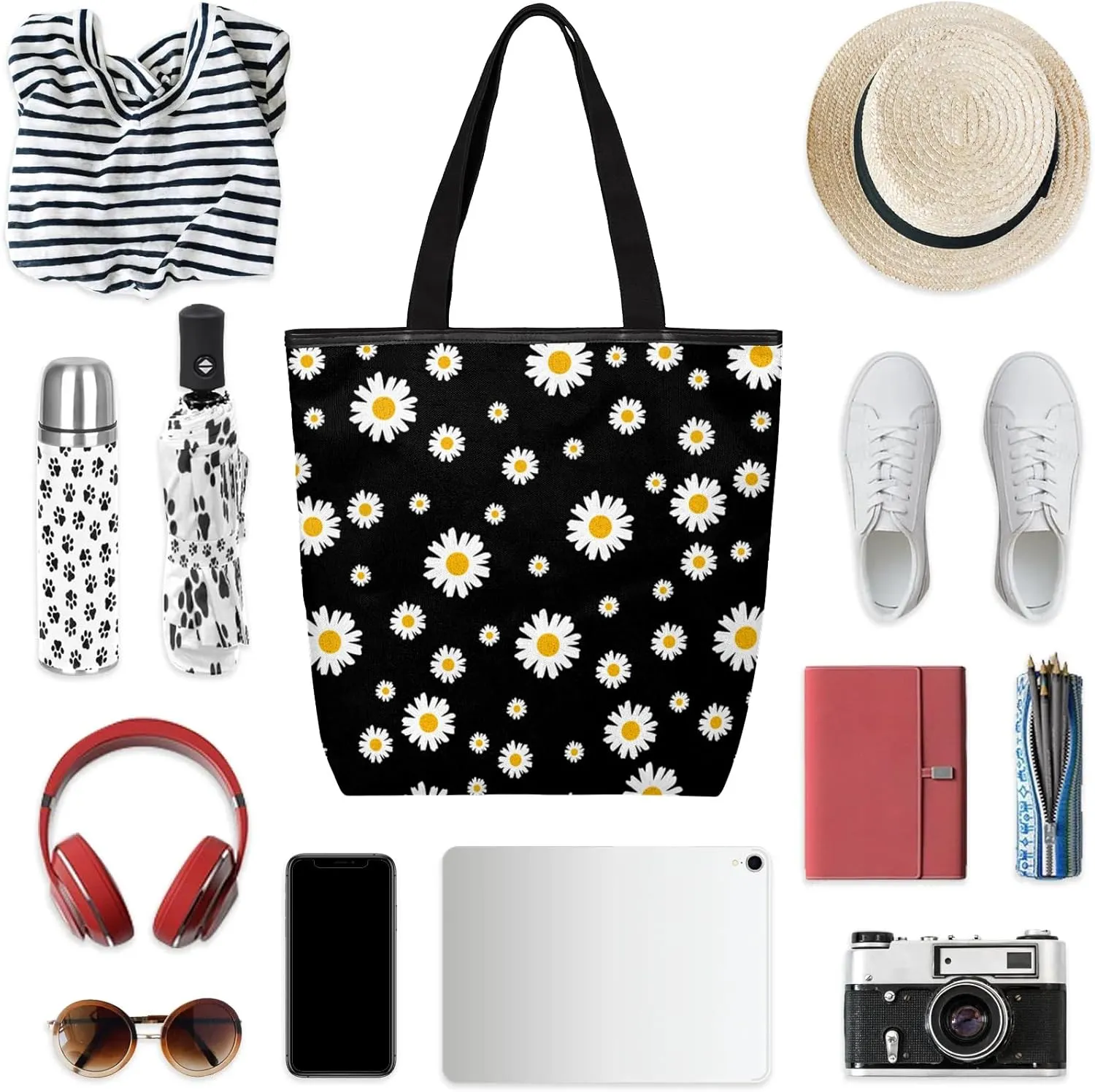 Canvas Tote Bag for Women with Zipper Large Capacity Bags with Inner Pocket Beach Bags Reusable Grocery Tote Bags