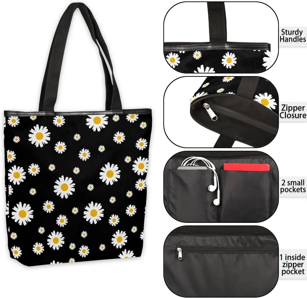 Canvas Tote Bag for Women with Zipper Large Capacity Bags with Inner Pocket Beach Bags Reusable Grocery Tote Bags
