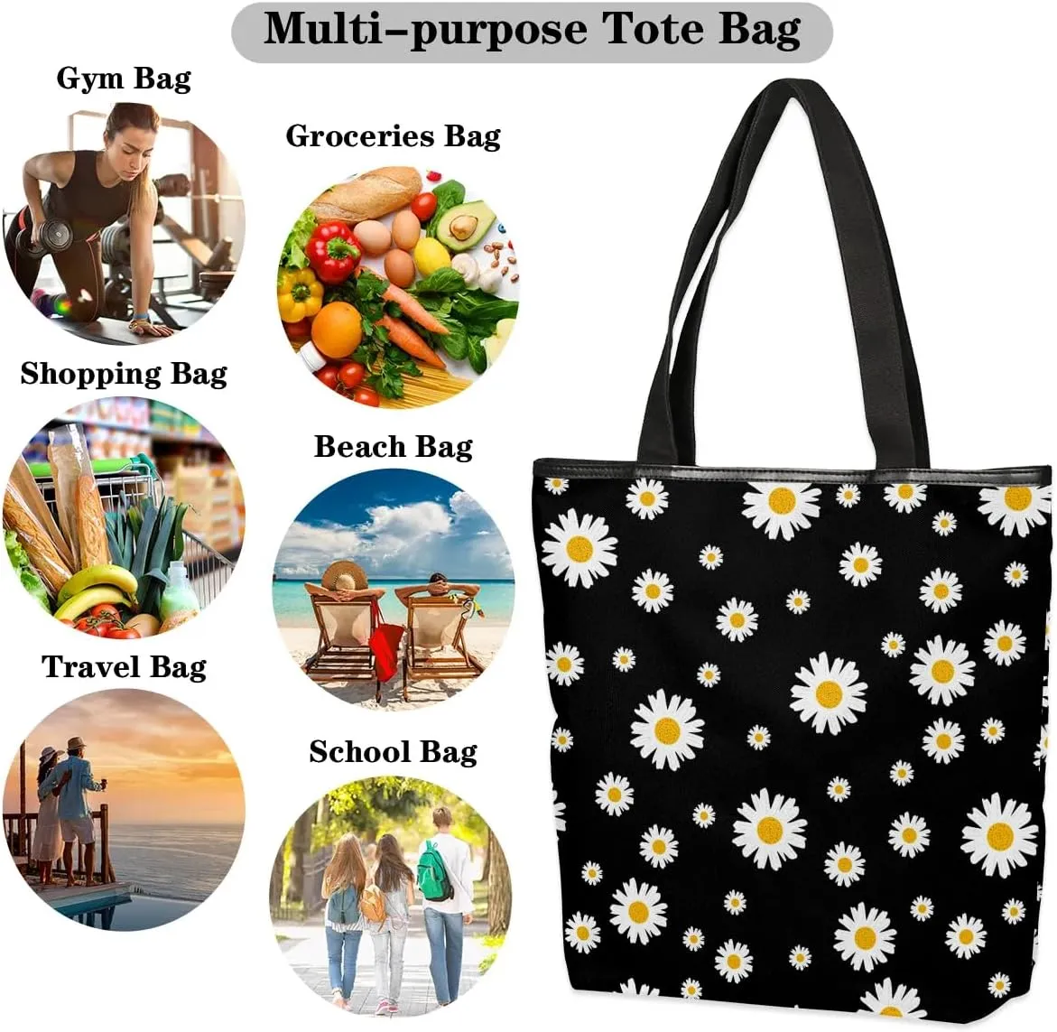 Canvas Tote Bag for Women with Zipper Large Capacity Bags with Inner Pocket Beach Bags Reusable Grocery Tote Bags