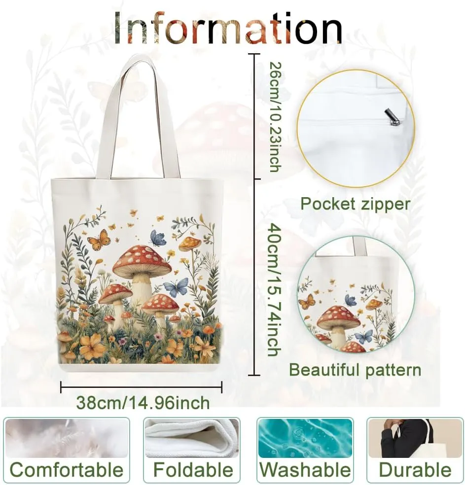 Canvas Tote Bag Mushroom Woodland Reusable Cotton Bag for Women, Durable Cloth Shoulder Bags with Zipper Pockets for Shopping, Vacation, Work, Gym