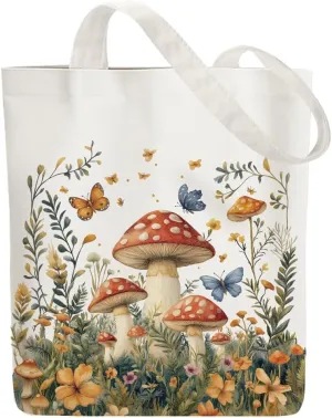 Canvas Tote Bag Mushroom Woodland Reusable Cotton Bag for Women, Durable Cloth Shoulder Bags with Zipper Pockets for Shopping, Vacation, Work, Gym