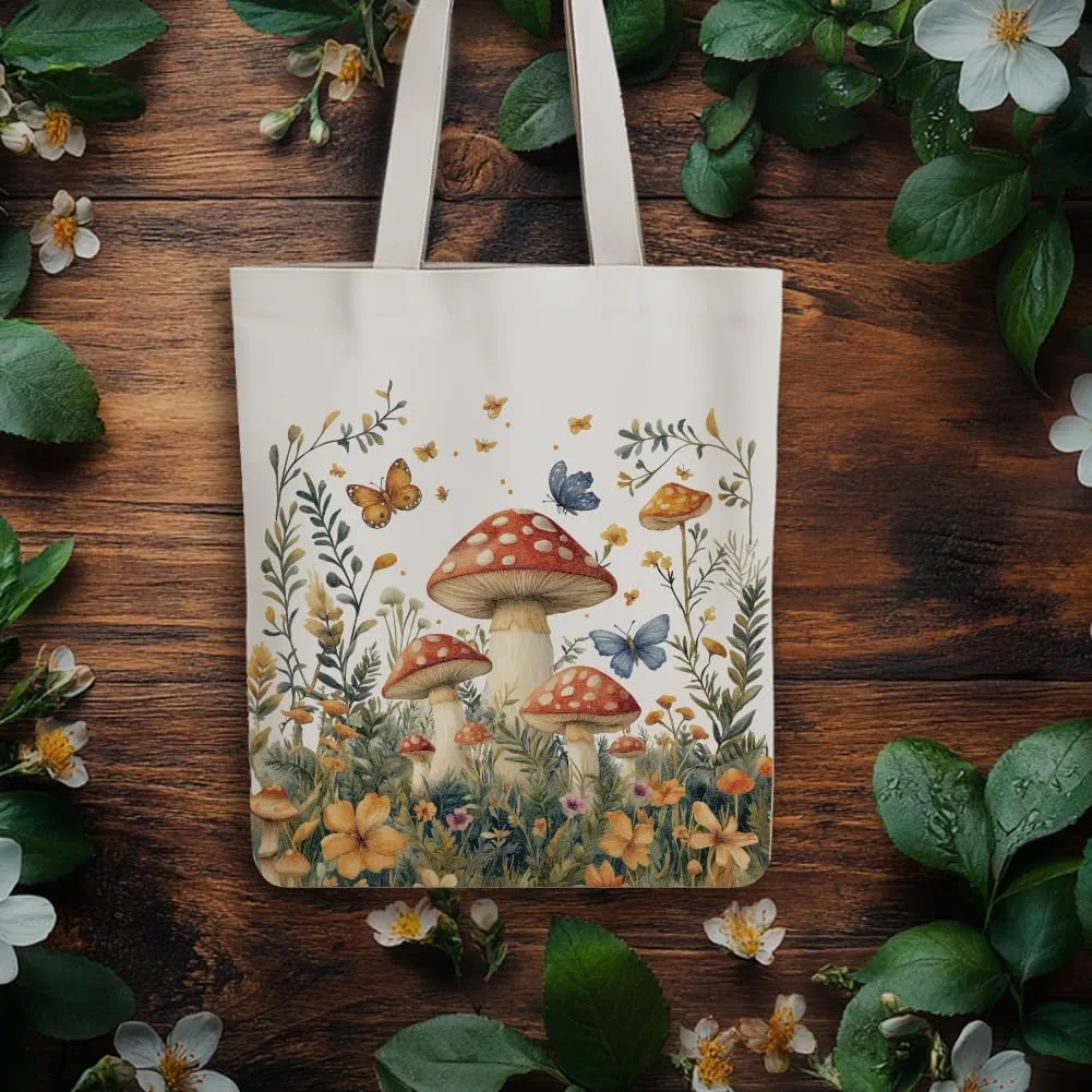Canvas Tote Bag Mushroom Woodland Reusable Cotton Bag for Women, Durable Cloth Shoulder Bags with Zipper Pockets for Shopping, Vacation, Work, Gym