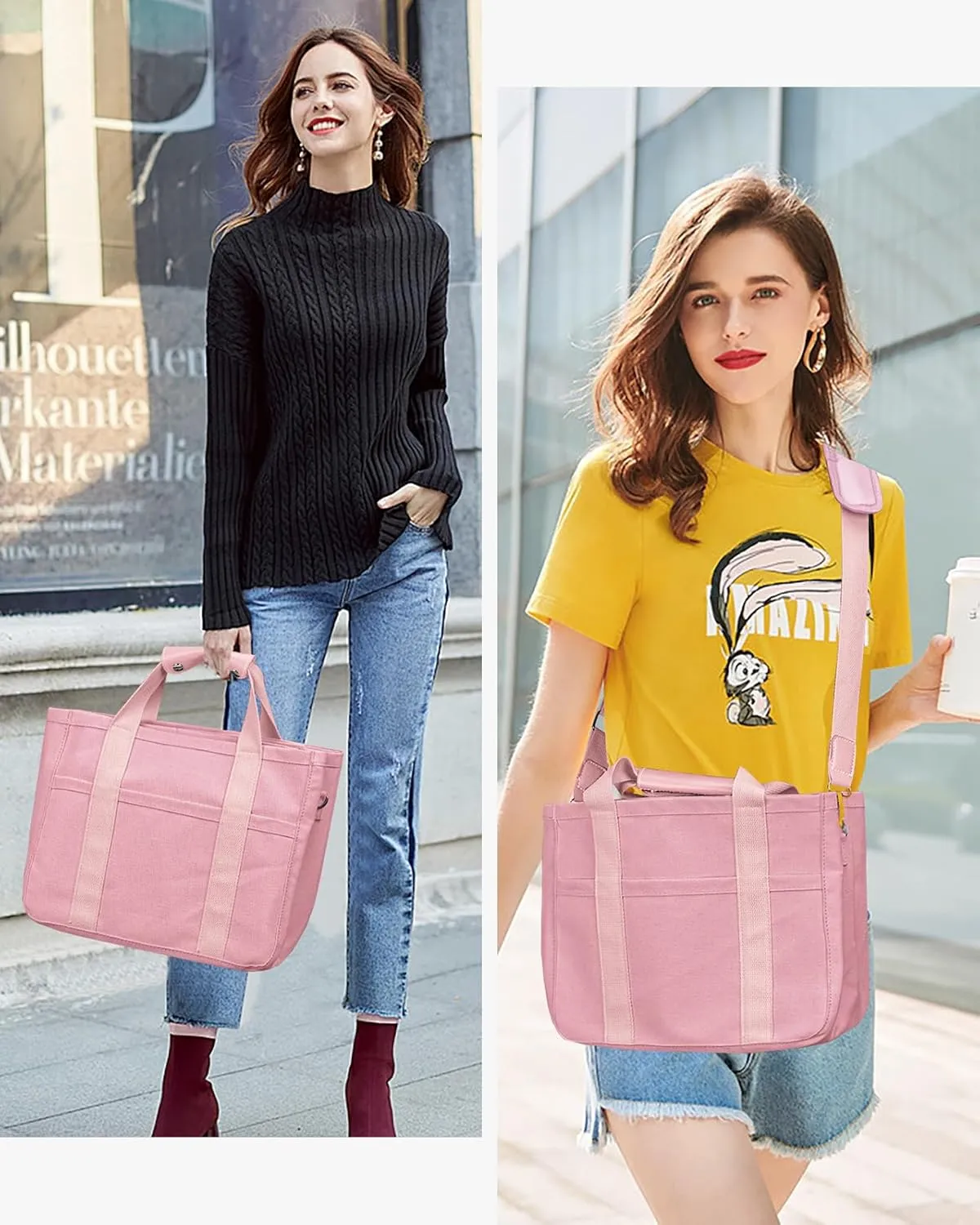 Canvas Tote Bag with Multi-Pocket for Women Large Crossbody Shoulder Handbag Everything Tote Bag with Compartments