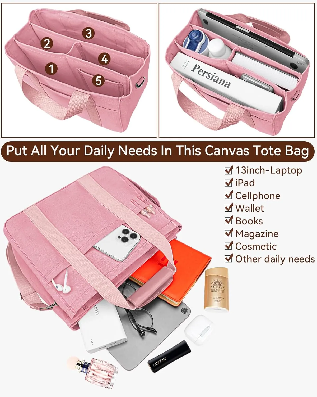 Canvas Tote Bag with Multi-Pocket for Women Large Crossbody Shoulder Handbag Everything Tote Bag with Compartments