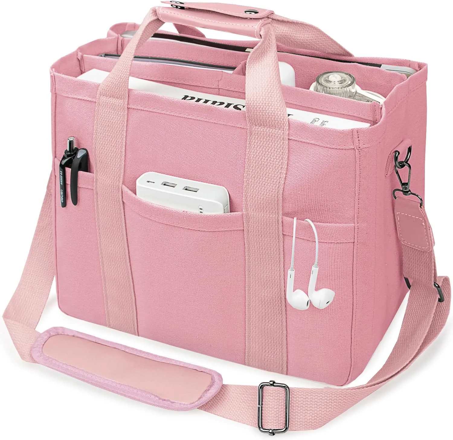 Canvas Tote Bag with Multi-Pocket for Women Large Crossbody Shoulder Handbag Everything Tote Bag with Compartments