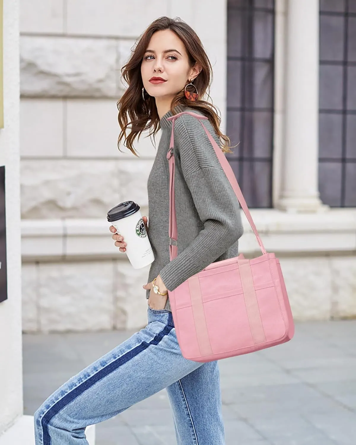Canvas Tote Bag with Multi-Pocket for Women Large Crossbody Shoulder Handbag Everything Tote Bag with Compartments