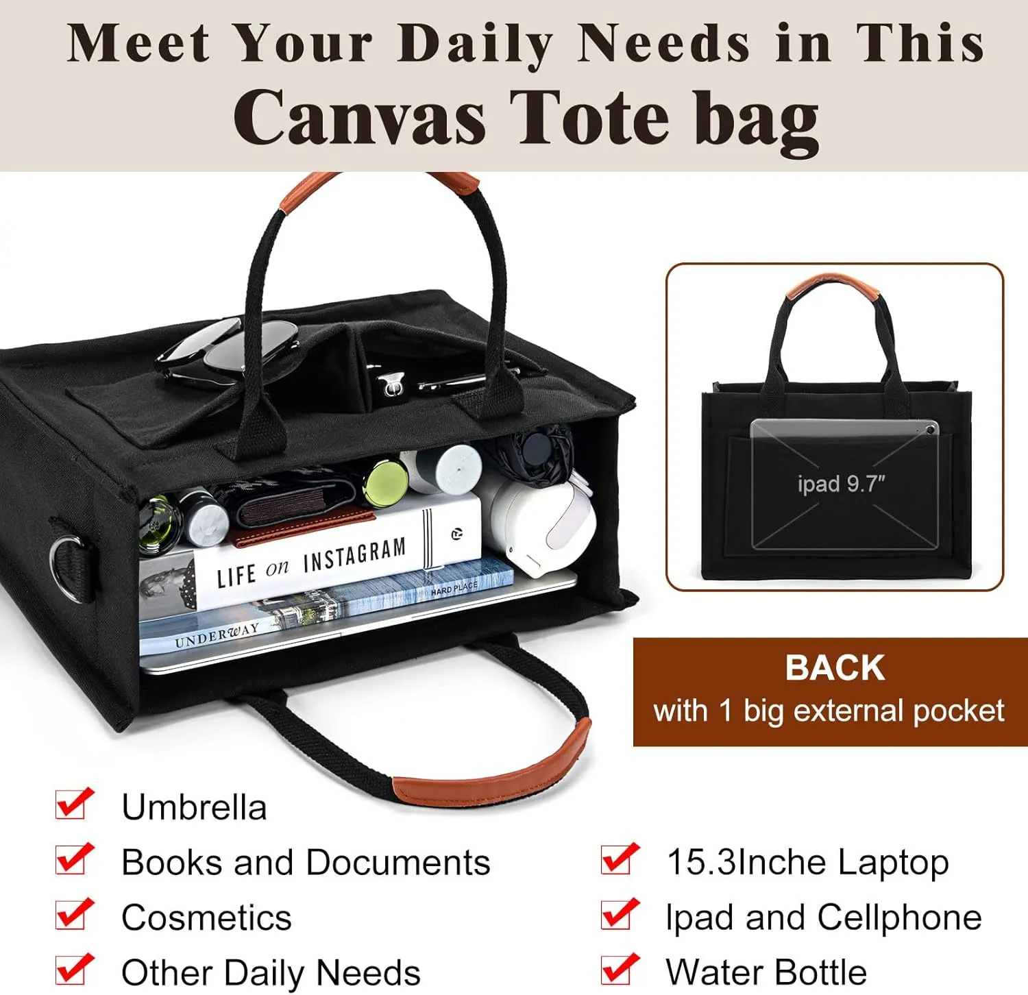 Canvas Tote Bag with Pockets Work Tote Bags for Women Laptop Work Crossbody Tote Purse Tote Bag Shoulder Handbags